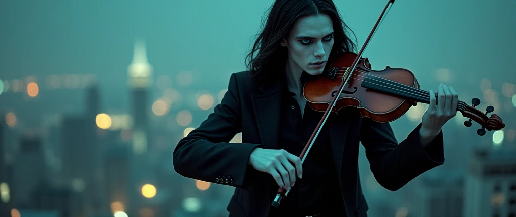A pretty male with long black hair, with long lashes and teal blue eyes, dressed entirely in gothic black clothes. His skin is white and pale like a vampire, playing a violin on the edge of a rooftop.