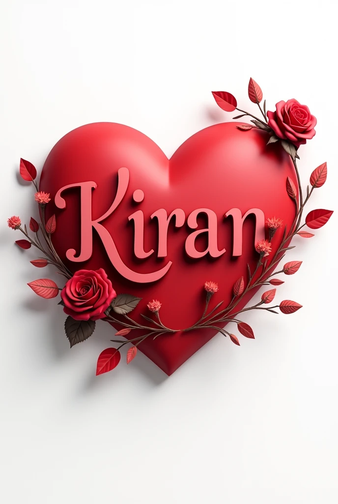 Create a 3-d text of Kiran in diagonal within   red heart with single rose having leaf flower combinations but background must be white 