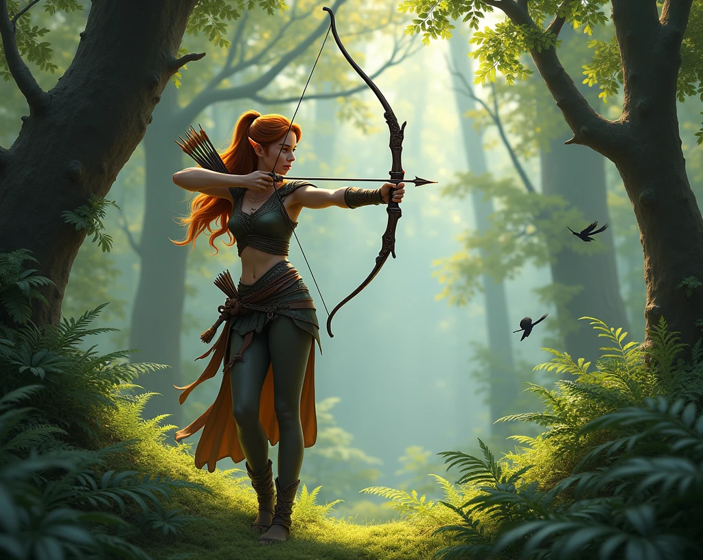 A female elf shoots an arrow in the forest, realistic style