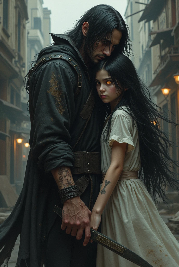  fille, Pale, long black hair, yeux orange dorés en certain endroit, lives in a bad neighborhood with his older brother who looks like him. The big brother has many scars, He has a dagger in his hand as if he were trying to defend his sister. 