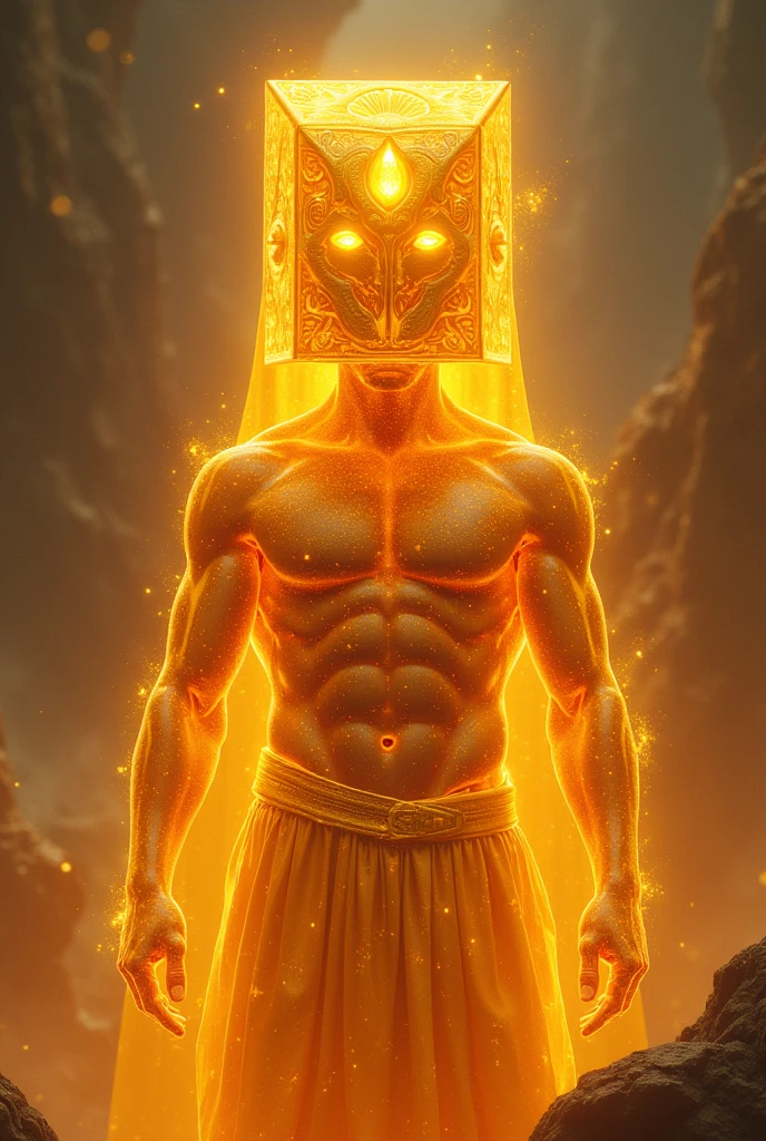 create an image of a sun-colored, glowing warrior, with a very large, square met with precious stones on its visor instead of eyes