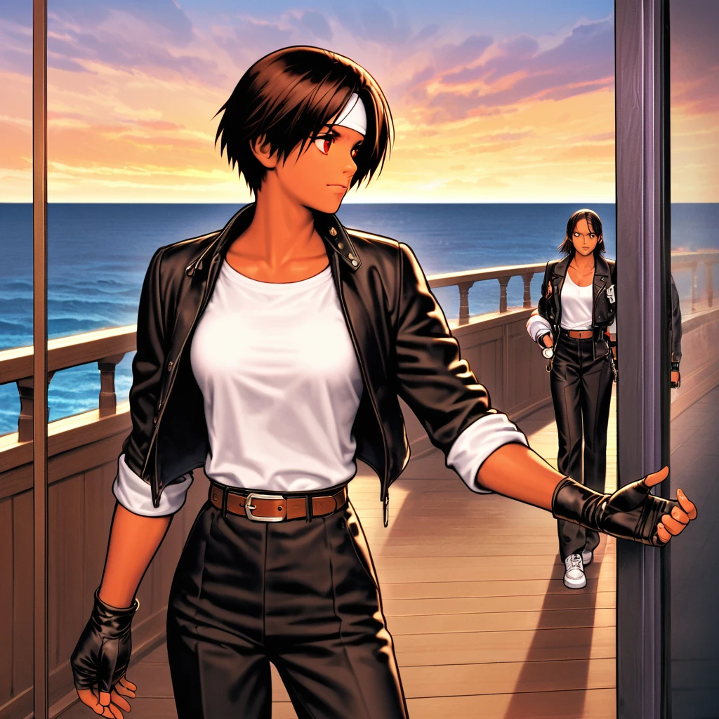 One person,woman,Standing posture,Reach out your hand/put your hand forward,short hair,Dark Skin,Red eyes,(black jacket with sleeves rolled up),Fingerless gloves,White T-shirt, (White headband on forehead),Black trousers,White shoes,Brown belt,cute,Indoor Party,Charm Points,Ocean View,Slightly large chest,Outdoor,high quality,good looking,Confident and worried face,Comforting a friend on the terrace,Vibrant atmosphere,