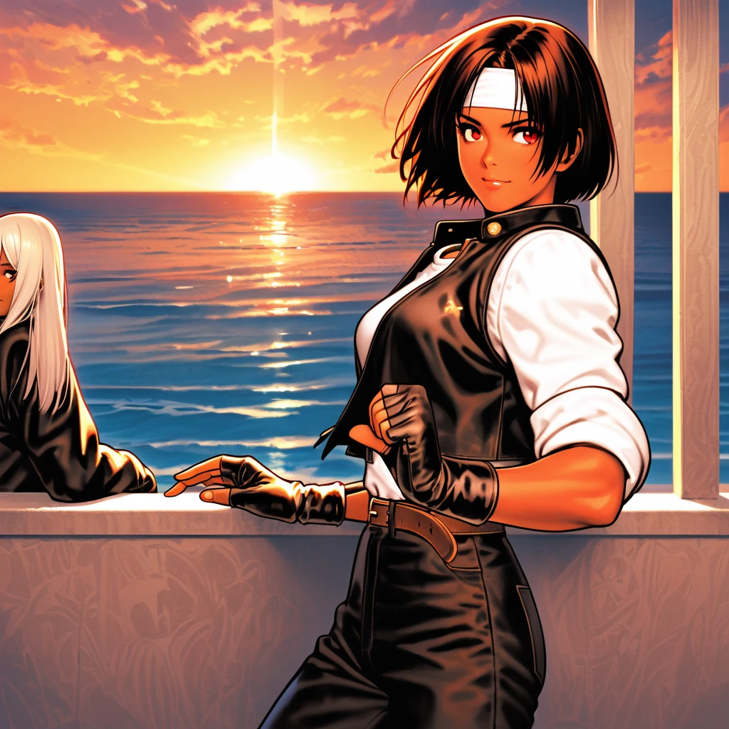 One person,woman,Standing posture,Reach out your hand/put your hand forward,short hair,Dark Skin,Red eyes,(black jacket with sleeves rolled up),Fingerless gloves,White T-shirt, (White headband on forehead),Black trousers,White shoes,Brown belt,cute,Indoor Party,Charm Points,Ocean View,Slightly large chest,Outdoor,high quality,good looking,Confident and worried face,Comforting a friend on the terrace,Vibrant atmosphere,