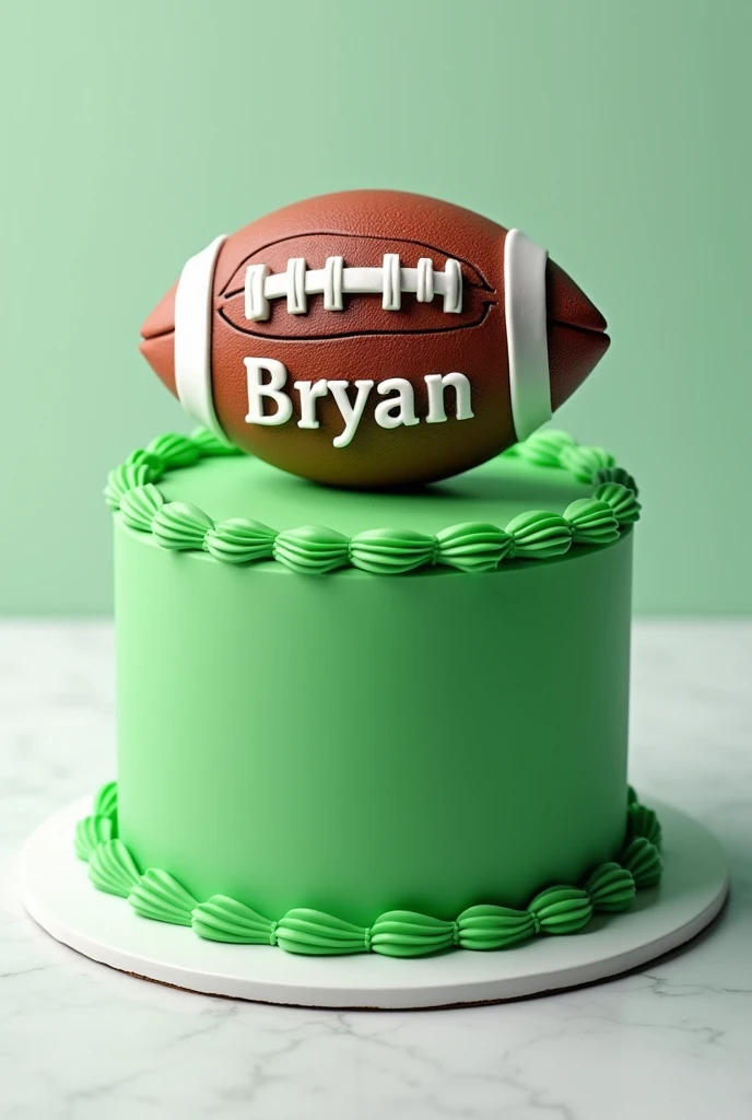 A green cake with a football that says Happy Birthday Bryan