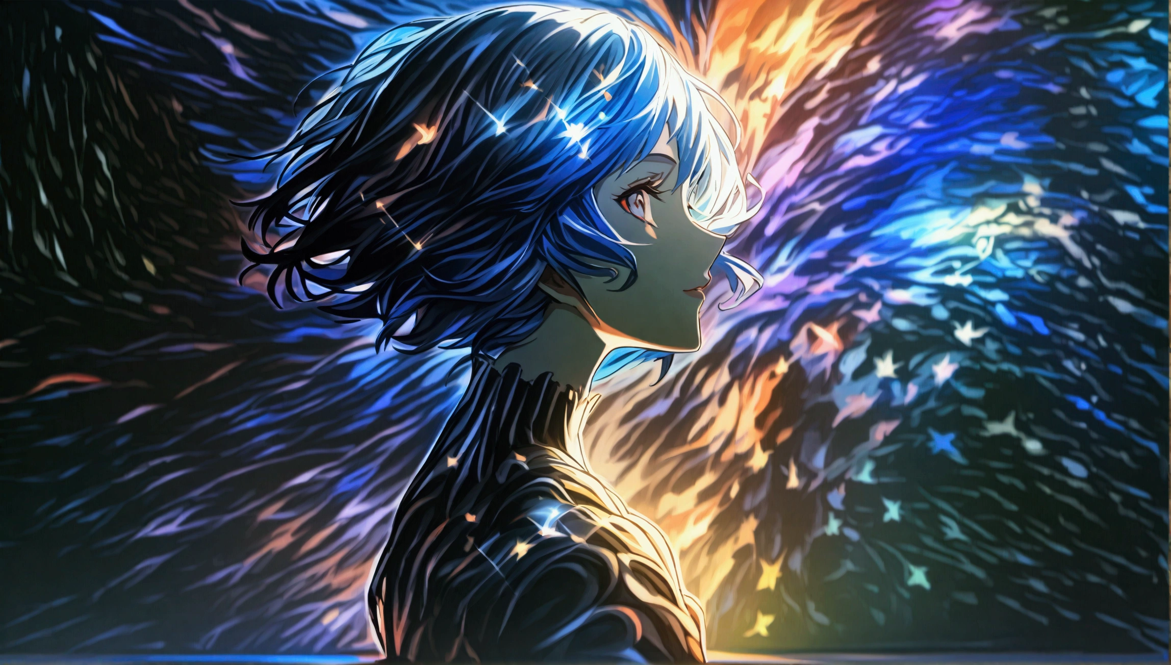 Mystical being, humanoid body with galaxy inside, void scenery, "Intricate anime character design inspired by One Piece, stunning lighting, centered character, stunning face, creative details, ultra-fine 2D design, scenery bathed in creativity, boasting 2D anime resolution clarity, 4K anime quality, high-octane rendering"