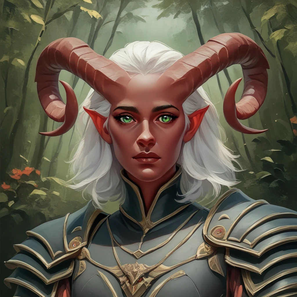 A thin, red-skinned tiefling female，Big Horn，White hair，Green Eyes，3/4. Body，The background is a forest，Warrior Suit，Black Armor，Saint Samurai