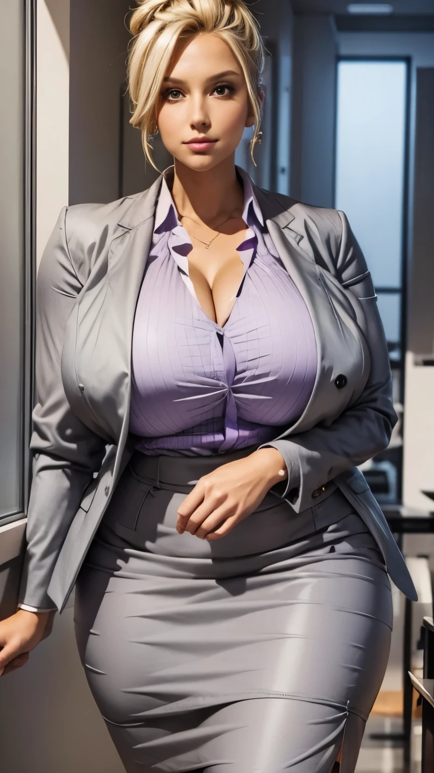 1 beautiful gigantic woman, large curvy body, blonde hair tied in a bun, gray professional blouse, jacket over the shirt, lilac jacket, neckline, black pencil skirt, heels, towering over you, smug