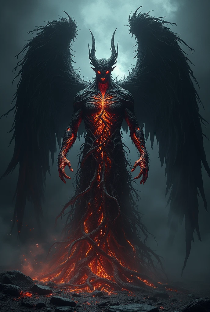 Lucifer avec un corps comme des racines noir fait de lumière coloré divisés en noir et en blanc , possédant des ailes attrofié volumineuse en 10 parties aspect dark ténèbres 