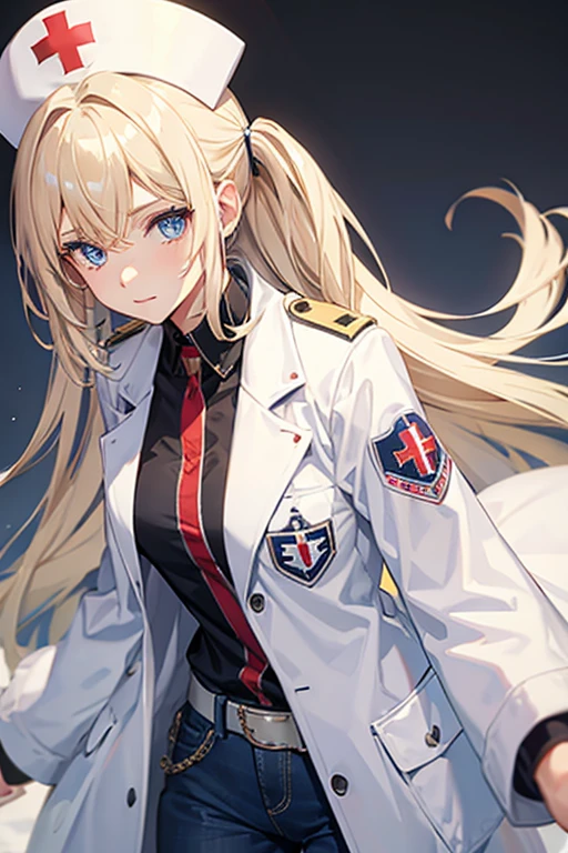 woman in her 20s, Mexican, slim build, nurse uniform, white coat, blue pants, long blonde hair, spiky hair, blue eyes, looking directly at viewer white background