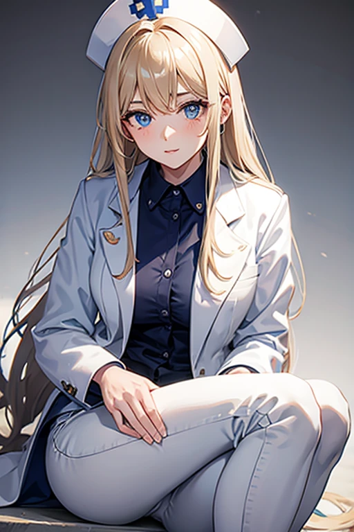 woman in her 20s, Mexican, slim build, nurse uniform, white coat, blue pants, long blonde hair, spiky hair, blue eyes, looking directly at viewer white background