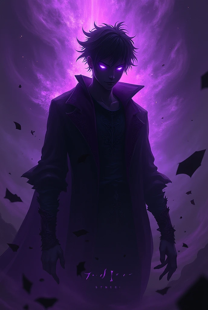 A dark silhouette of a character with uneven, spiky hair and glowing purple eyes. The background features a swirling mix of deep purple hues, suggesting energy or power emanating from the figure. Fragments and abstract shapes surround the character, enhancing the dramatic effect. The overall atmosphere conveys mystery and intensity.