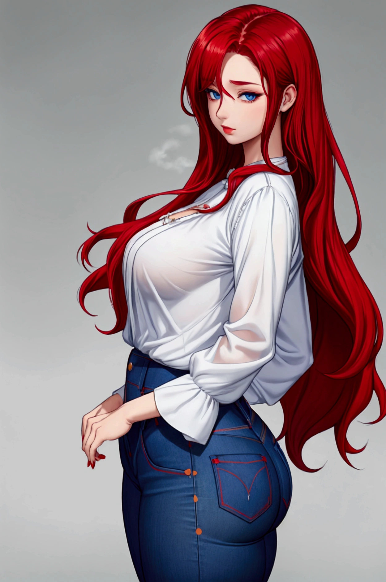 female 20s, long red hair, blue colored eyes, white blouse with neckline, jeans, defined waist, medium sized breasts, thick thighs, accentuated hip, Medium sized butt, na rua