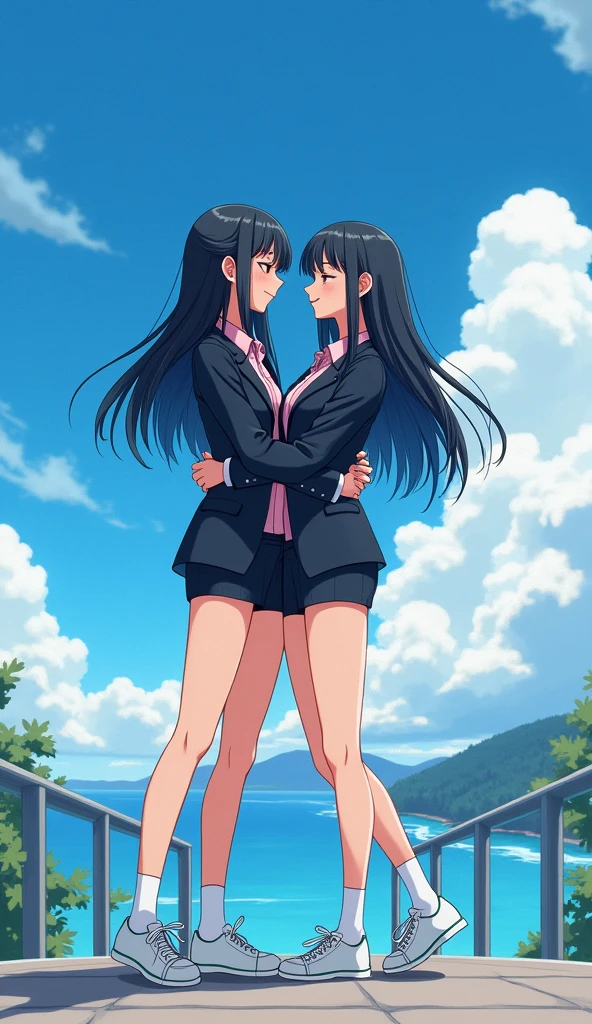 Two girls, yuri, "girl long black hair wear a black suit, pink shirt, black pencil skirt, black underpants, white socks, white sneakers" and "girl long black hair wear a black suit, grey shirt, black pencil skirt, black underpants, white socks, white sneakers", embraced at the waist, staring into eyes, hugging, smile, bridge, ocean blue sky, novel cartoon, 4K, HD