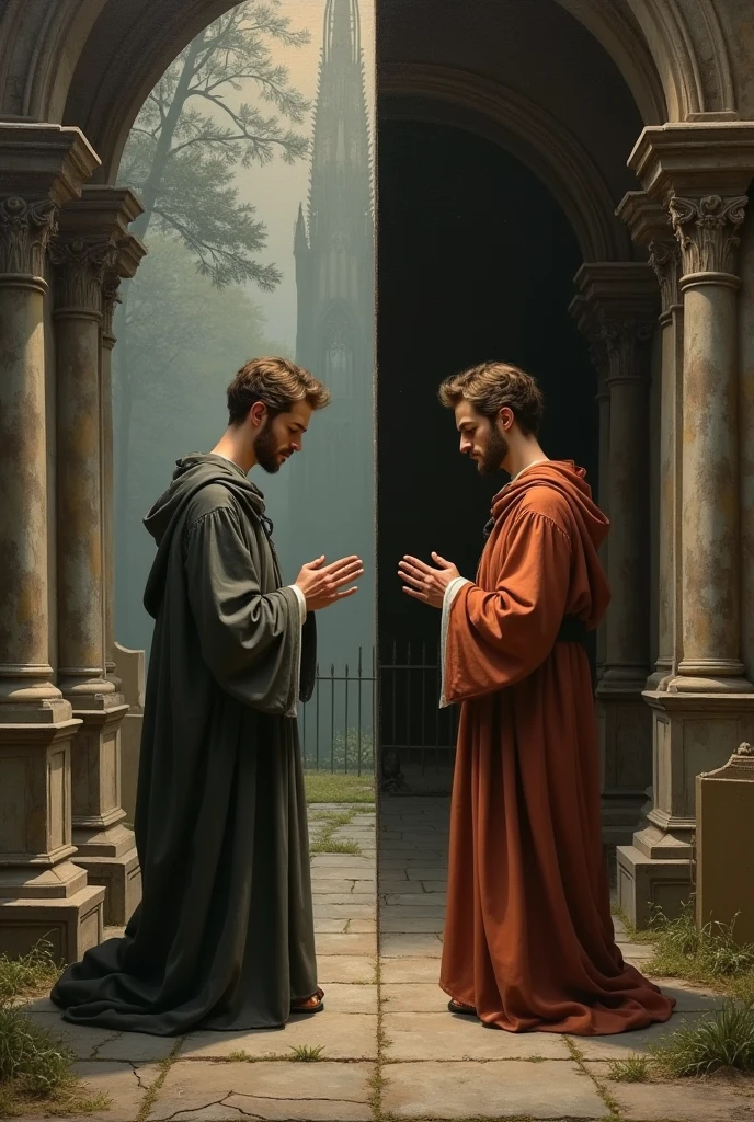 A vertical division, They are two male twins, On one half a twin praying in a cemetery and on the other half the other twin but praying at the door of a church guiding the souls in pain., remembers one praying in a cemetery and the other in front of a church