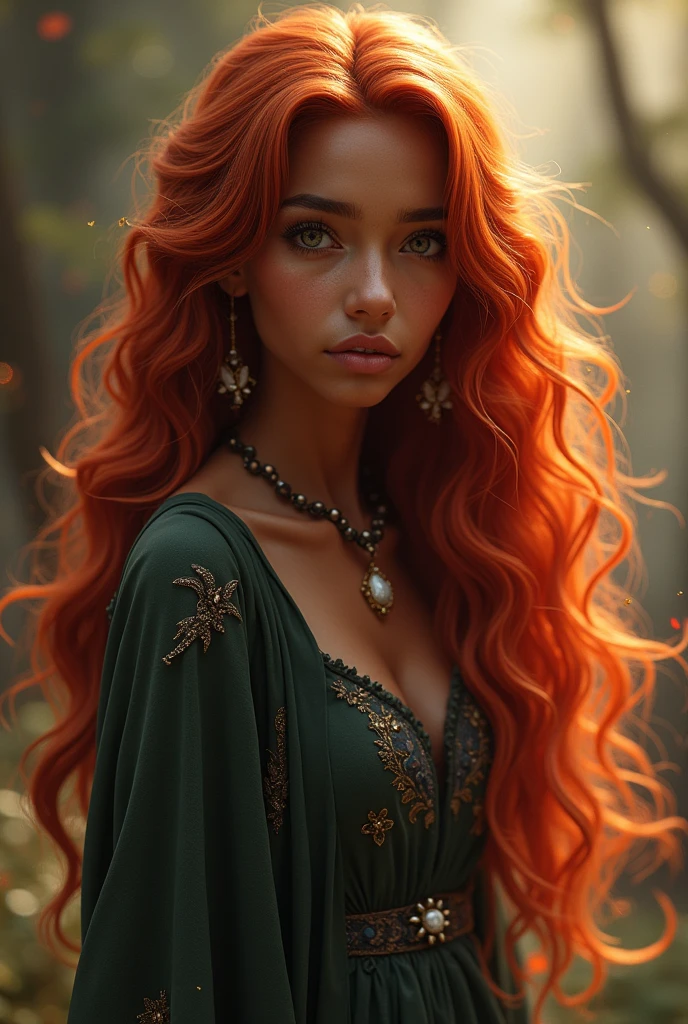 Black girl with long wavy red hair, mystical character, fully body 