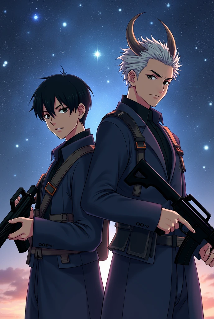 Two men stood holding guns together. The first one had short black hair, fair skin, cute face, black eyes. The second one was a taller man than the first one, had silver hair, dragon-like horns on his head, handsome eyes, standing next to each other, both holding guns in their hands. Both were men of a fairly old age. The background was a universe system of stars.