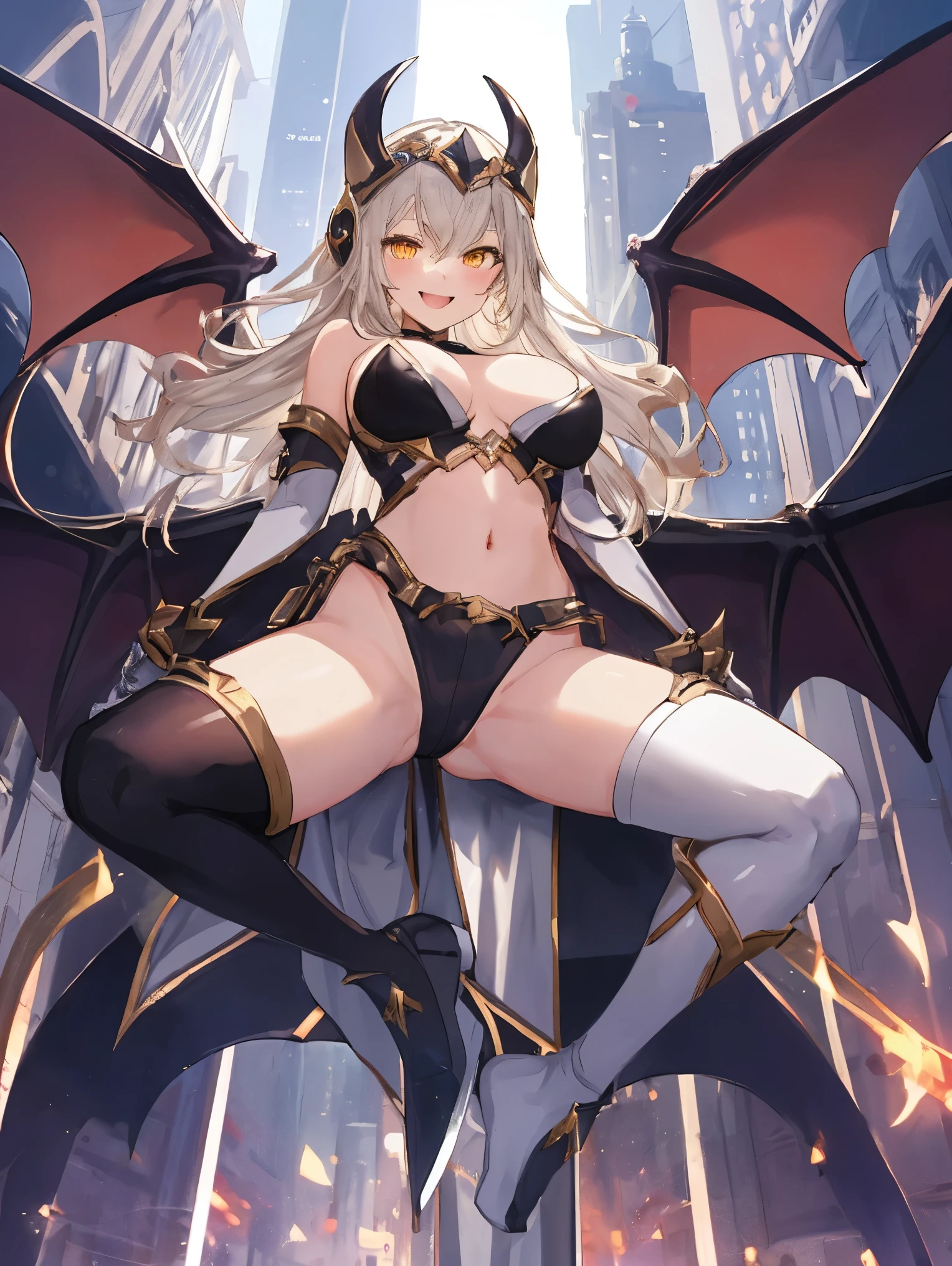 fantasy, 1devil_girl, low_, platina_blond_hair,long_bangs,, bare_shoulder, navel out, thighhighs,silver_armor, white_clothes,waist_armor, Glebe, hold_swords, large_breasts, dynamic_flying_pose,Floating, (1pair_bat_wings:1.2),(pelvic_curtain:1.3), silver_Headgear ,looking_down_at_sunrise_city_sky_background,,slightly_spread_legs, some_swords,some_swords_floating_around_the_girl,solo,horn ,smile,,open_legs,open_arms,rise_knee,rise_leg,rise_thigh,rise_leg,forward_leaning_posture,apart_legs,fang,Shiny_gold_eyes