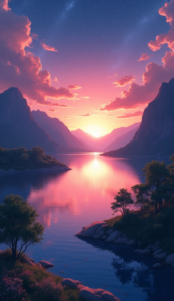 realistic, Viral anime nature wallpaper in 4K quality, in the style of photography with a 35mm lens inspired by Makoto Shinkai, capturing a breathtaking sunset over a tranquil lake, the sky painted in hues of orange and pink, with a silhouette of mountains in the background; warm and serene color temperature, cosmos lighting with stars twinkling in the sky, no human characters, the atmosphere is peaceful and reflective --v 5 --stylize 1000