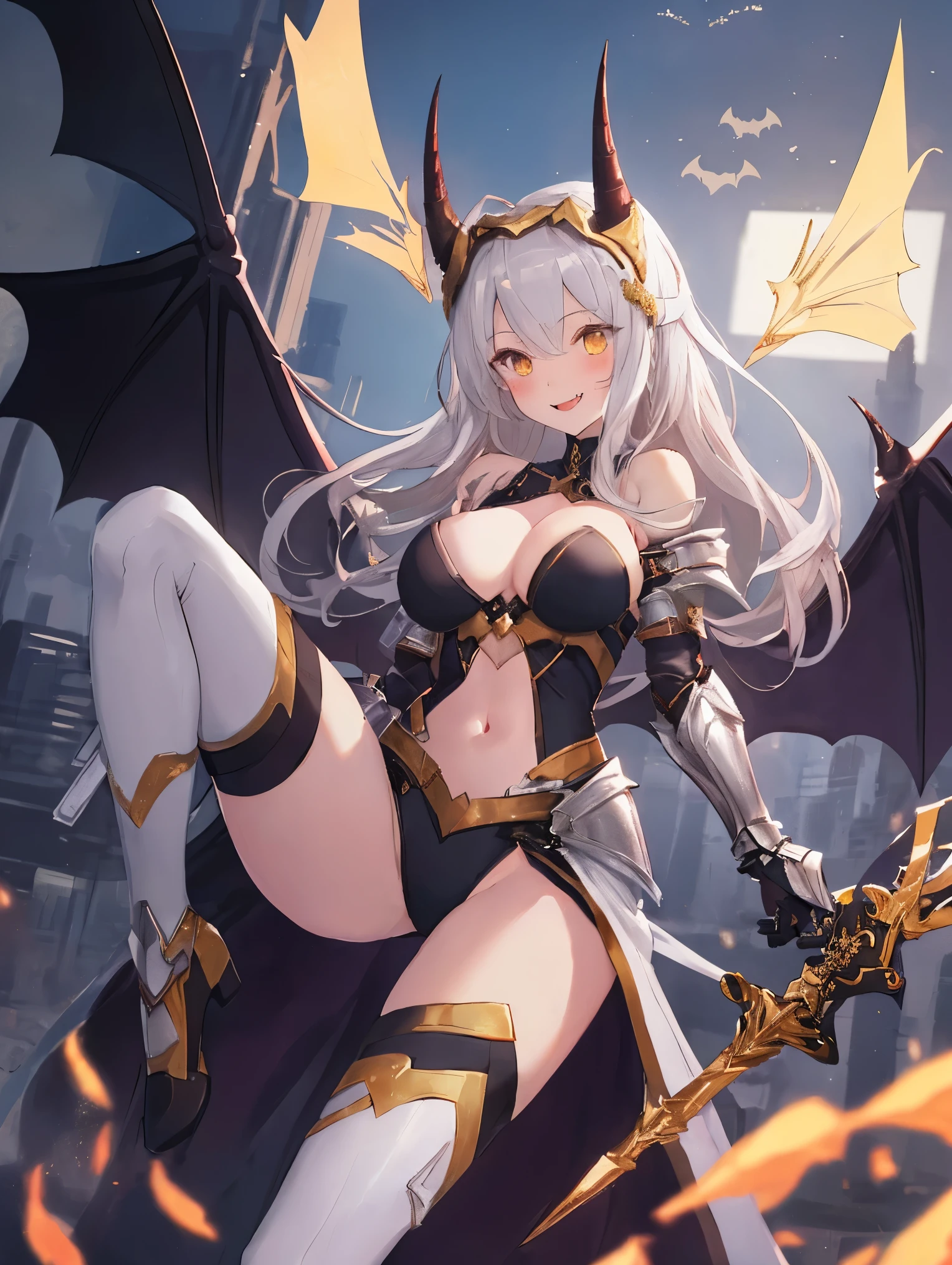 fantasy, 1devil_girl, low_, platina_blond_hair,long_bangs,, bare_shoulder, navel out, thighhighs,silver_armor, white_clothes,waist_armor, Glebe, hold_swords, large_breasts, dynamic_flying_pose,Floating, (1pair_bat_wings:1.2),(pelvic_curtain:1.3), silver_Headgear ,looking_down_at_sunrise_city_sky_background,,slightly_spread_legs, some_swords,some_swords_floating_around_the_girl,solo,horn ,smile,,open_legs,open_arms,rise_knee,rise_leg,rise_thigh,rise_leg,forward_leaning_posture,apart_legs,fang,Shiny_gold_eyes