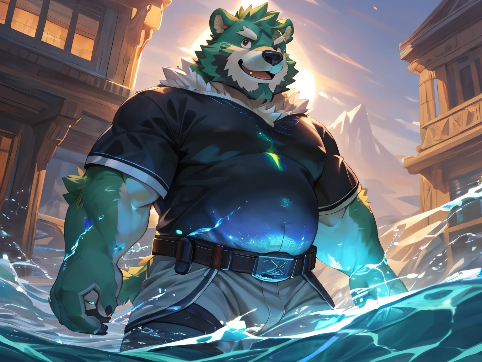 anthro, kemono, male, solo, ((round face, very plump face, thick beard)), (((dark beard))), ((endomorph body type, old-aged, mature)), ((green bear, bear) fluffy fur, fluffy), (high quality, highres, masterpiece), (dynamic lighting, vivid color), (generous smile), (face focus), front view (close up), cartoon, (((green bear))), (((green fur))), green hair, beard, white eyebrows, bald, red eyes, tall, (((black t-shirt inside, white long coat unhood, gray trousers, boots))),by zixiong, by takemoto arashi, by zixiong, (by null-ghost:0.8), (by t.y.stars:0.4), (masterpiece, best quality, fullscreen), [(full body:1.0)::0.3] portrait (photo of a giant out of water Iridescent water [magical being:creature:0.2]:1.5), intricate iris, (scaled holo skin:1.5), (Gargantuan:), (Fur body shape:1.2), (Bear head:0.9), (one Digitigrade Appendages:1.1), (casting water magic magic spell:0.7), fullwater, watce, (Fantz cartoon monster:1.5), (Convection water flow:1.3), (floating Seaside Living background:1.3), (Gray Sunset lighting:1.4), worldofwater, , , , (look at the viewer:1), ,curvy, silhouette, (Full body Shot, Shallow Focus Shot, Low Angle Shot:[1.2:0.5:0.1]), heavily detailed, gloomy, fantasy, eerie, , (sharp focus), fakemtg, (no humans), remely detailed, intricate, epic composition, cinematic lighting, trending on artstation, 8k, amazing lifelike attributes, cinematic lighting,steady textures,cinematic, sharp focus