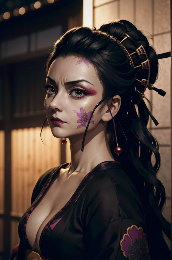 A samurai mature woman in realistic portrait of high quality and detail, movie style, Daki (Kimetsu no Yaiba), mature face, 43 years old, Geisha, white makeup, She has Japanese traditional hairstyle, traditional hairstyle-nihongami, black eyes, pale skin, asian girl, She is wearing a traditional Japanese pink armor, blood on her clothes, medium breast, curvy, milf, mole on her face, dark fantasy, dark atmosphere, dramatic look, glow, eye shadow, 1girl, Depth & Perspective, melancholic face, fine face, She's standing in the japanese street, outdoors, snow on background, winter, night time, looking at viewer, (ultra-high detail:1.2), Masterpiece, Best Quality, Ultra-detailed, Cinematic lighting, 8K, delicate features, cinematic, 35 mm lens, f/1.9, highlight lighting, global lighting –uplight –v 4, cinematic, Cinematic lighting, 8K, high quality, Highest Quality, (Solo Focus), (extremly intricate:1.3), (Realistic), masterful, Analog style, (Film grain:1.5), (cold tone),