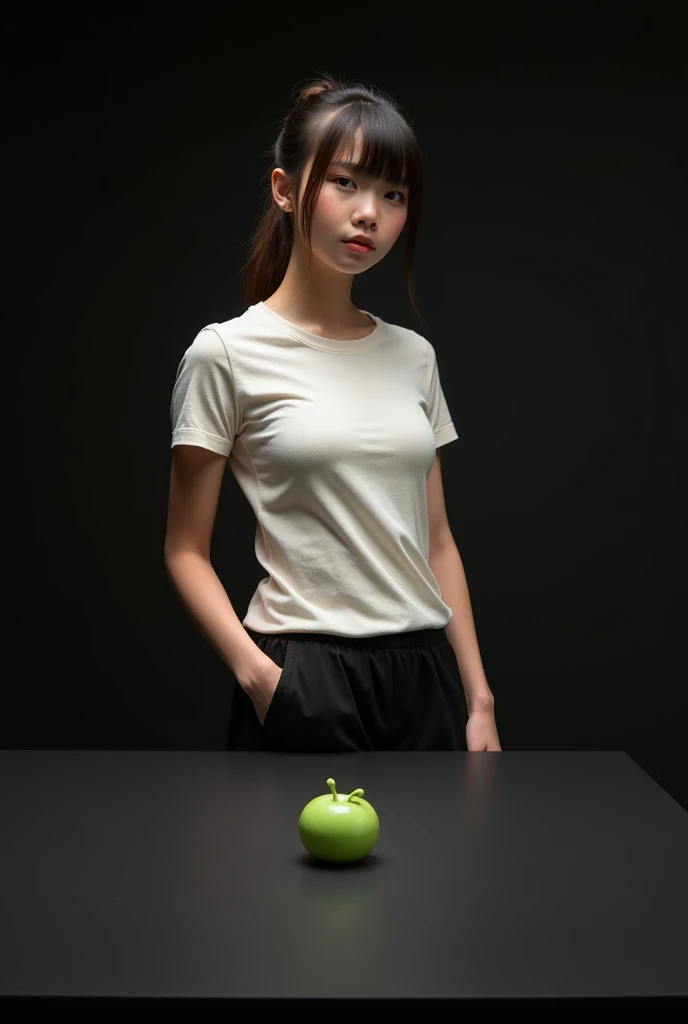 main item is a high ,black ,huge surface ,table displaying a very small green cude(size like a fist) with no shadow ,  
and a ars old ,ponytail,CUTE, BEAUTIFUL ,asian, with Bangs,white T shirt,black shorts, super huge boobs(34 E CUP) ,very white skin tone teenager standing next to it 
and the whole body facing the camera
the back ground is a black wall
taking a realistic far view photo