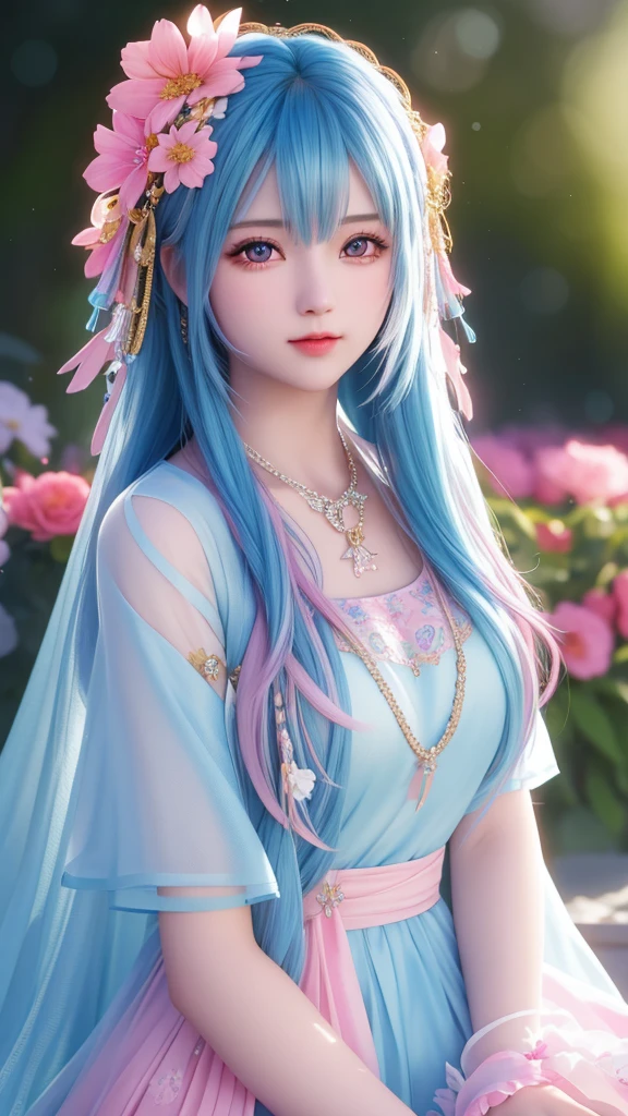 best quality, masterpiece, High target, There is a girl with a basket of flowers on her head, beautiful clothes, Hair Decorationss, necklace, Decorations, Pretty Face, When the body, Tyndall effect, Realistic Portraits, Edge lighting, Two-color light, (Very delicate skin:1.2), 8K uhd, Digital SLR Camera, Soft Light, high quality, Volumetric Lighting, Honest, photo, high resolution, 4K, 8K, Bokeh, Blue hair,pink hair tips, Pink Eyes.