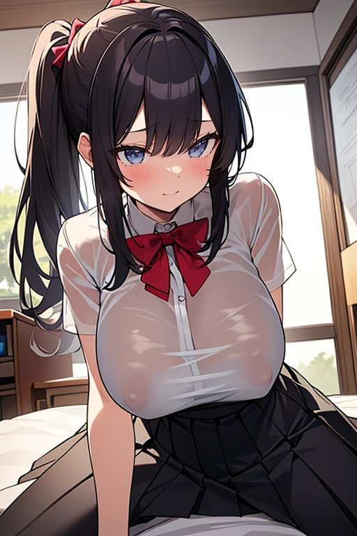 masterpiece，Highest quality，Highly detailed face，(((1 slim ???? girl))), ((1boy and 1girl are ??????????))，((??? there))，(((????????????????, ???????????:1.3)))，(Black hair ponytail),  (((????????????))), (((White see-through shirt、Pleated skirt:1.4)))，((Girl straddling a man:1.5))、((Painful face))、Heart symbol、excited、White Breath、(((??? in the classroom)))、(Sweat:1.2)、Nervous、Heart symbol