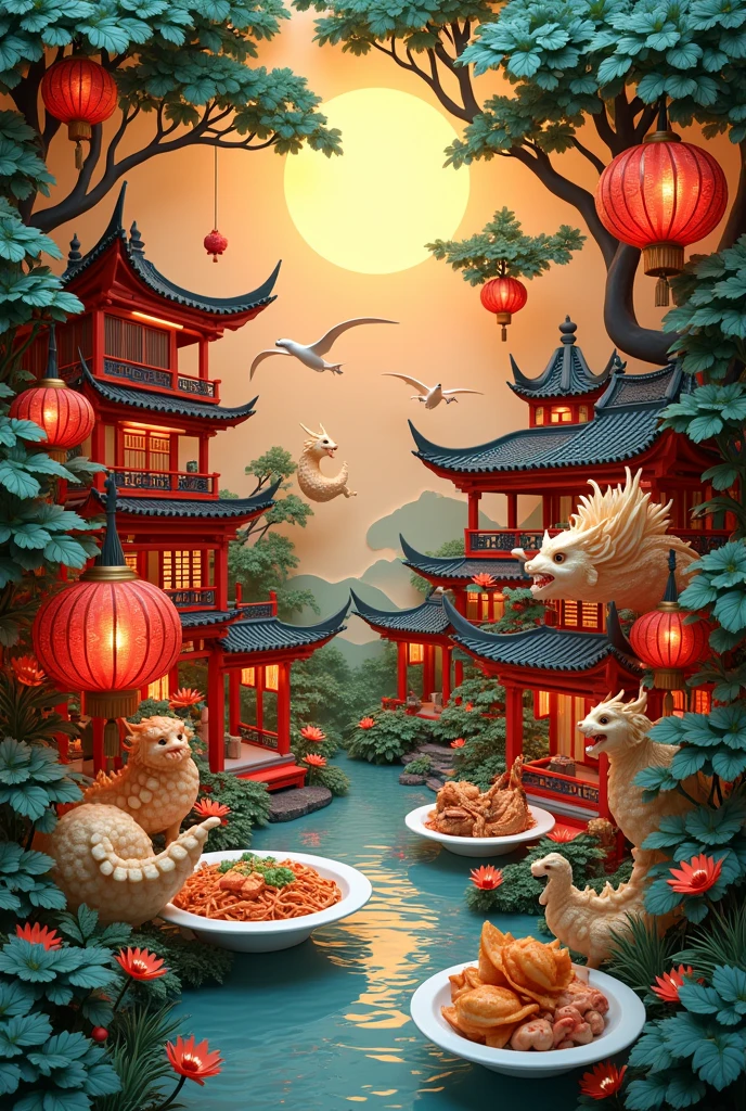 Papercut art A very detailed and intricate cutout of a ancient chinese restaurant with a lot of chinese food flying, monsters and trees, mystery atmosphere