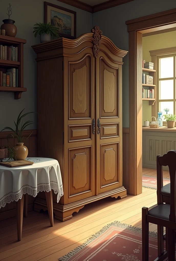 The cupboard is in between the table and the door.