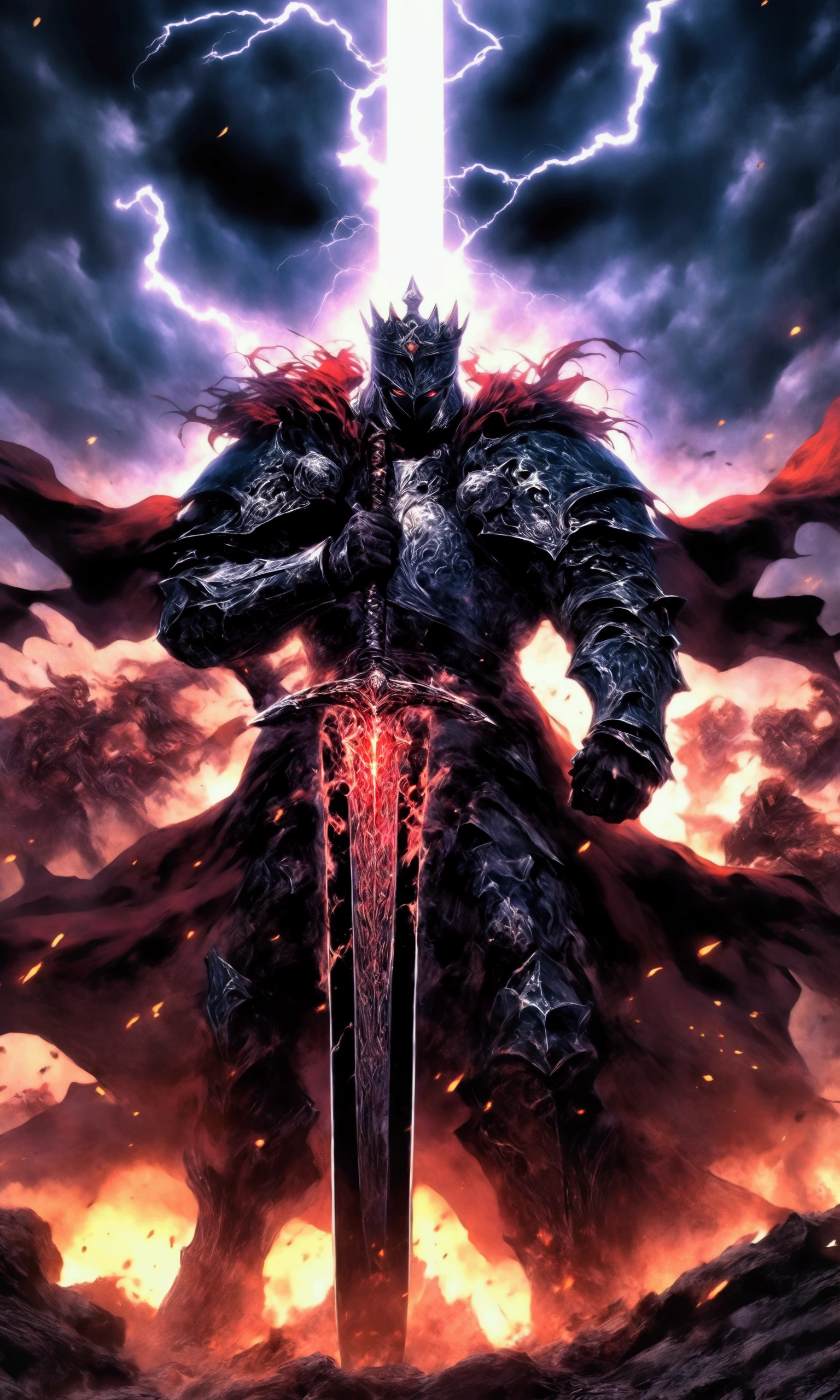 3d Anime manhwa style, flat variant colors. Cinematic lights and shadow. Hdr, 16k resolution image. Depict a powerful king in the midst of a fierce duel against a horde of dark, menacing demon-like creatures. The scene is set in a desolate battlefield littered with the fallen bodies of his once mighty army. The king, dressed in ornate yet battle-worn armor with a flowing cape tattered from combat, wields a glowing sword with both hands. His expression is one of fierce determination and sorrow, knowing he is the last line of defense. The dark creatures are closing in, their twisted forms and glowing red eyes reflecting pure malice. The sky above is dark and stormy, with lightning illuminating the scene, casting long shadows that add to the sense of urgency and despair. The ground is scorched and torn asunder, with a sense of chaos and impending doom.