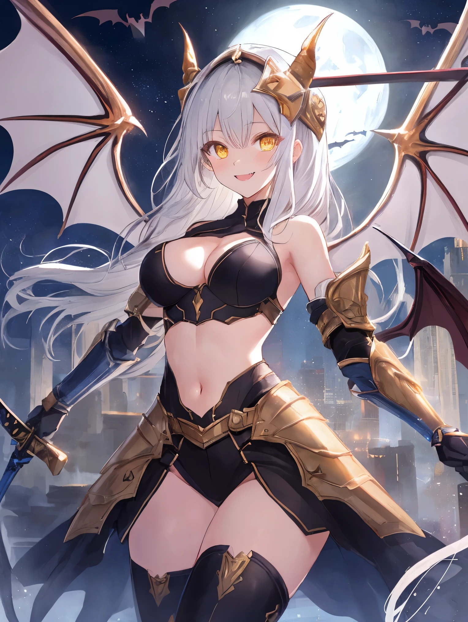 fantasy, 1devil_girl, low_, platina_blond_hair,long_bangs,, bare_shoulder, navel out, thighhighs,silver_armor, white_clothes,waist_armor, Glebe, hold_swords, large_breasts, dynamic_flying_pose,Floating, (1pair_bat_wings:1.2),(pelvic_curtain:1.3), silver_Headgear ,looking_down_at_sunrise_city_sky_background,,slightly_spread_legs, some_swords,some_swords_floating_around_the_girl,solo,horn ,smile,,open_legs,open_arms,rise_knee,rise_leg,rise_thigh,rise_leg,forward_leaning_posture,apart_legs,fang,Shiny_gold_eyes