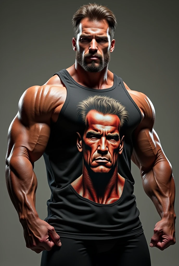 Bodybuilder wearing a tank top with Arnold Swanegger&#39;s face on it