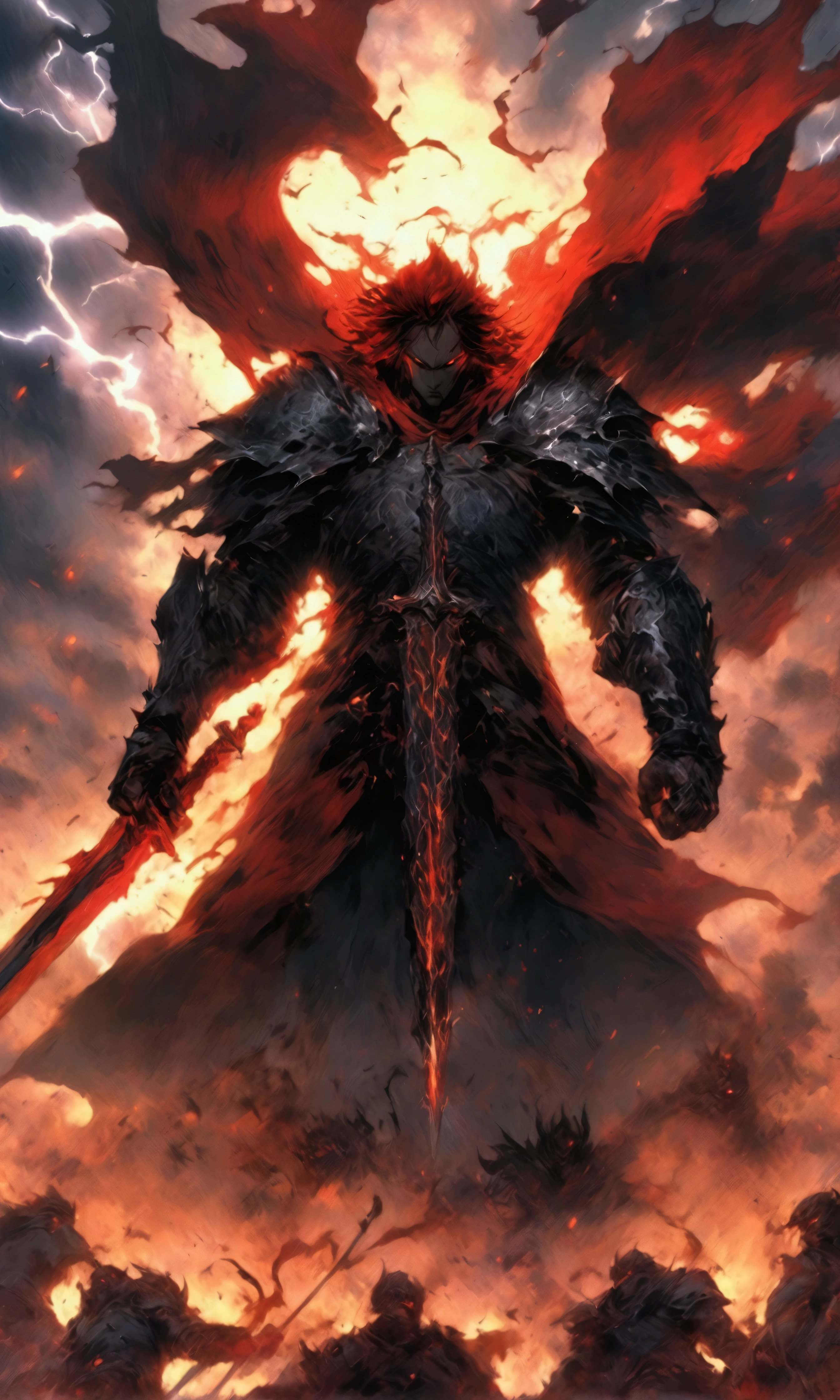 3d Anime manhwa style, flat variant colors. Cinematic lights and shadow. Hdr, 16k resolution image. Depict a powerful king in the midst of a fierce duel against a horde of dark, menacing demon-like creatures. The scene is set in a desolate battlefield littered with the fallen bodies of his once mighty army. The king, dressed in ornate yet battle-worn armor with a flowing cape tattered from combat, wields a glowing sword with both hands. His expression is one of fierce determination and sorrow, knowing he is the last line of defense. The dark creatures are closing in, their twisted forms and glowing red eyes reflecting pure malice. The sky above is dark and stormy, with lightning illuminating the scene, casting long shadows that add to the sense of urgency and despair. The ground is scorched and torn asunder, with a sense of chaos and impending doom.