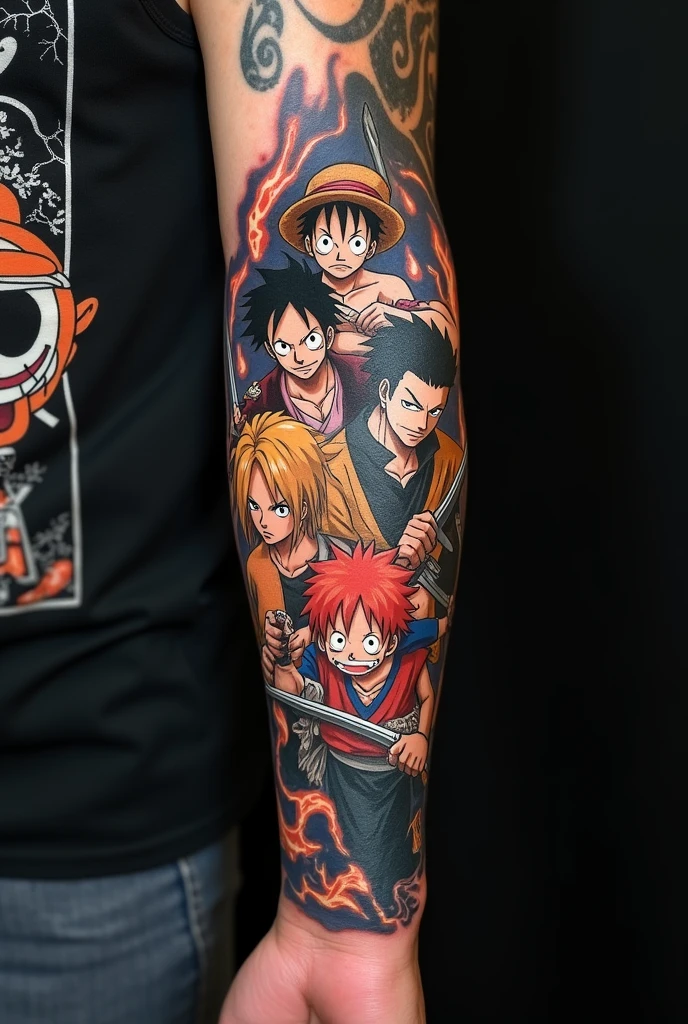 "Anime forearm tattoo featuring Luffy (One Piece), Goku (Dragon Ball), Ichigo em forma Bankai (Bleach), Satoru Gojo (JUJUTSU KAİSEN) and Roronoa Zoro with his three katanas (One Piece). The characters are arranged in a dynamic composition, not necessarily interacting, but occupying the same space. The scene is embellished with dramatic elements such as swirling smoke, crackling lightning and burning flames. The tattoo style is detailed and vibrant, capturing the essence of each character at their most powerful. The color palette is rich and contrasting, typical of anime style. The tattoo covers the entire forearm, creating a cohesive visual narrative that flows naturally with the shape of the arm."