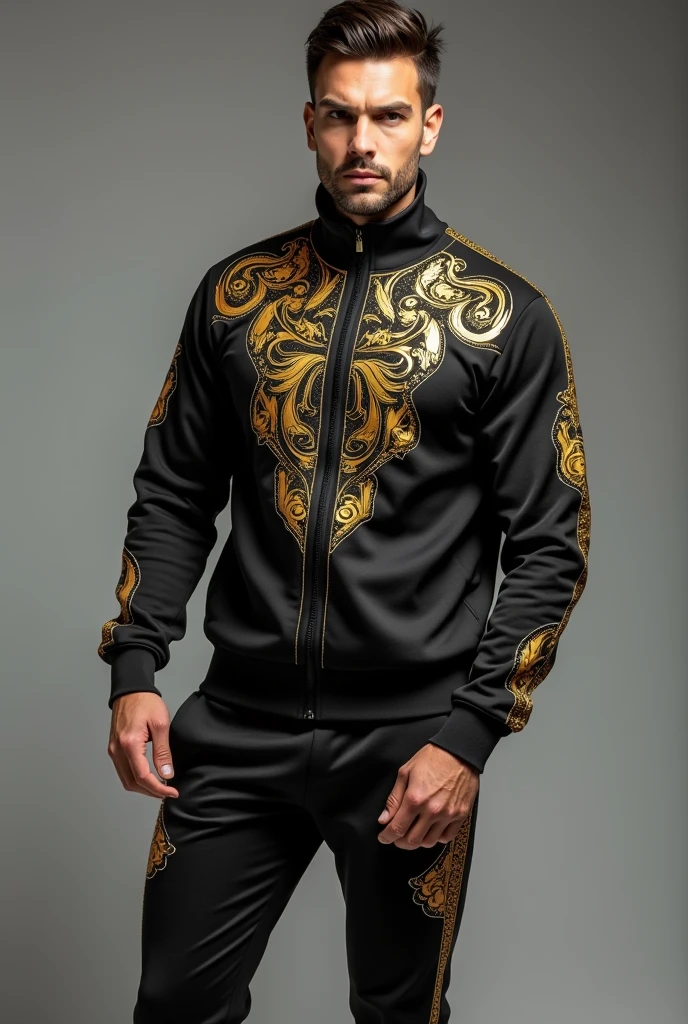 Create an image of a man wearing a stylish black tracksuit with intricate golden prints. The tracksuit should have a modern, slim fit, with the golden designs featuring elaborate patterns on the jacket and pants. The jacket should have a zipper, with golden accents along the zipper line and cuffs. The pants should also have matching golden patterns running down the sides. The man should be standing confidently, with a cool and relaxed posture, against a simple background that doesn't distract from the outfit. The overall look should exude luxury and trendiness, suitable for a fashion-forward individual."