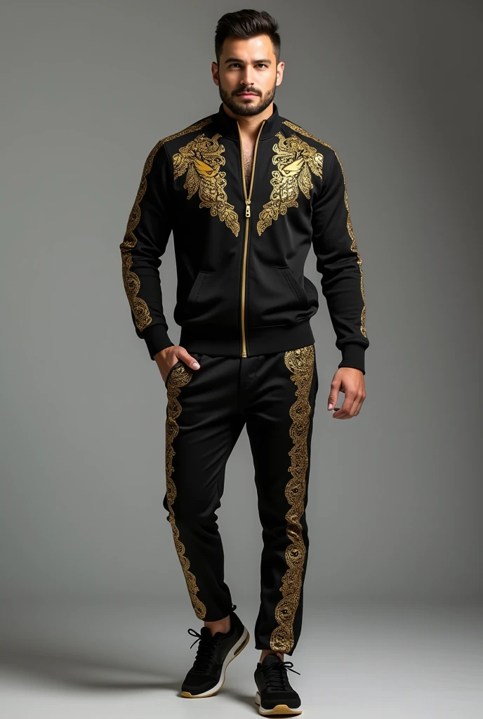 Create an image of a man wearing a stylish black tracksuit with intricate golden prints. The tracksuit should have a modern, slim fit, with the golden designs featuring elaborate patterns on the jacket and pants. The jacket should have a zipper, with golden accents along the zipper line and cuffs. The pants should also have matching golden patterns running down the sides. The man should be standing confidently, with a cool and relaxed posture, against a simple background that doesn't distract from the outfit. The overall look should exude luxury and trendiness, suitable for a fashion-forward individual."