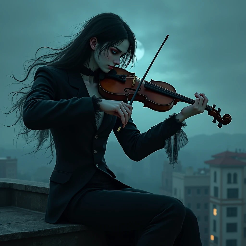 A sexy male with long black hair, with long lashes and teal blue eyes, dressed entirely in gothic black clothes. His skin is white and pale like a vampire, playing a violin on the edge of a rooftop.