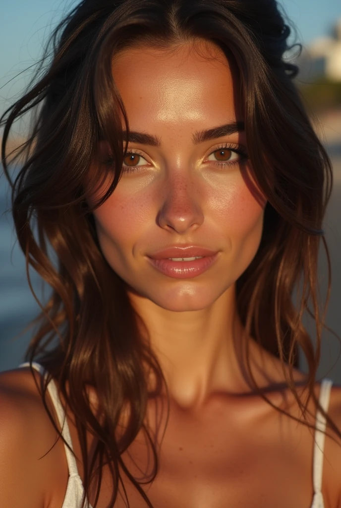 brunette woman 21 years old, human face detail, Spanish type, dark eyes, Teint bronze, ultra haute qualité de résolution, realistic face, contrast and harmony of colors, at the beach in portrait mode , closed mouth, some freckles, femme sexy avec un beau sourire, peau avec quelques irrégularités pour un maximum de réalisme portant un décolleté avec une belle poitrine