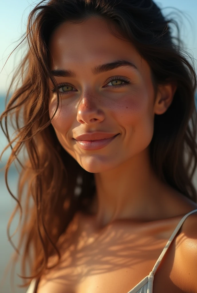 brunette woman 21 years old, human face detail, Spanish type, dark eyes, Teint bronze, ultra haute qualité de résolution, realistic face, contrast and harmony of colors, at the beach in portrait mode , closed mouth, some freckles, femme sexy avec un beau sourire, peau avec quelques irrégularités pour un maximum de réalisme portant un décolleté avec une belle poitrine