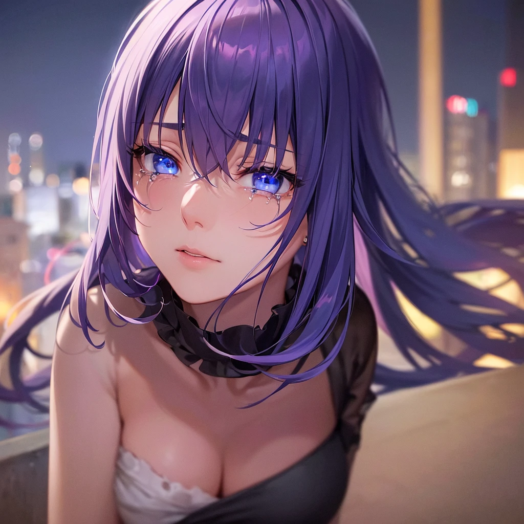 1 girl, detailed blue eyes, dark purple hair, full body covered clothing, insecure, melancholy expression, tears in eyes, on apartment balcony, night scene, (best quality,4k,8k,highres,masterpiece:1.2),ultra-detailed,(realistic,photorealistic,photo-realistic:1.37),dramatic lighting,cinematic mood,emotional portrait,moody atmosphere