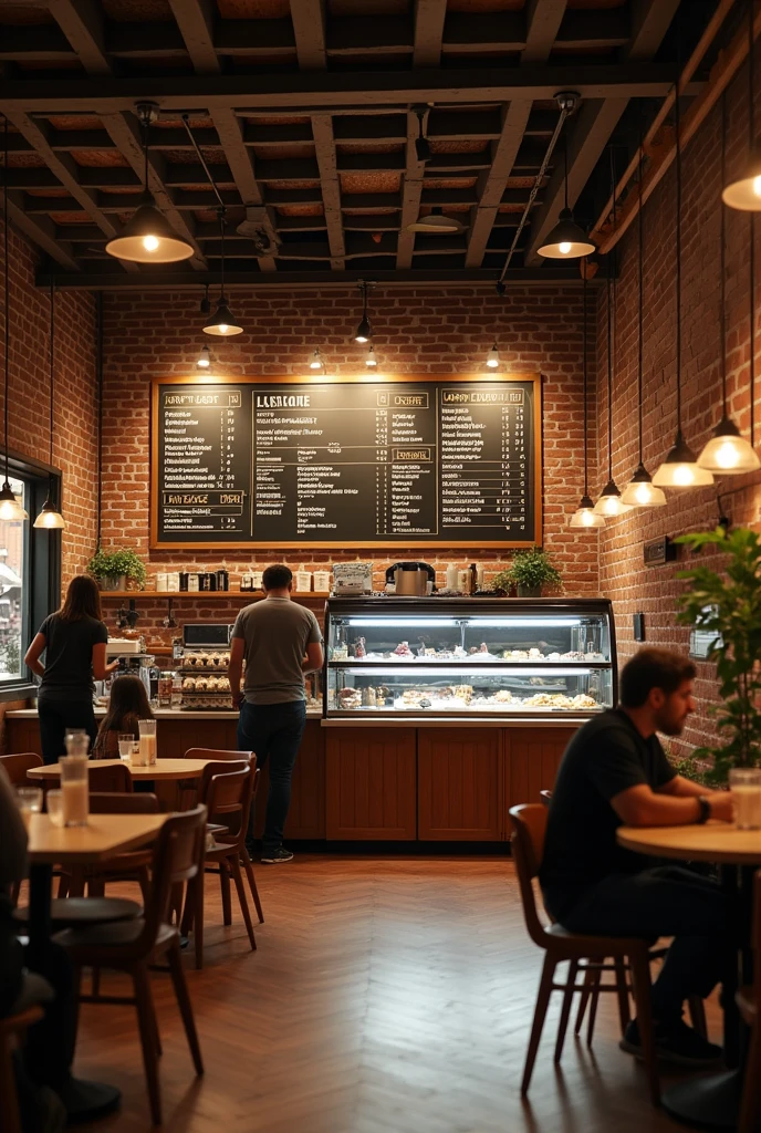 Take me a photo of a large cafeteria inside that shows the cafe menu and that there are people drinking coffee and the name is Steff Coffe so that it is very realistic and nice 