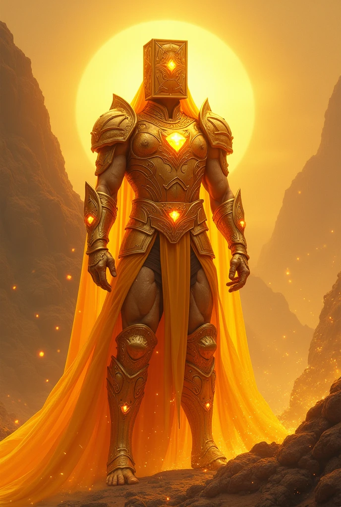 create an image of a sun-colored, glowing warrior, with a very large, square helmet with precious stones on its visor instead of eyes