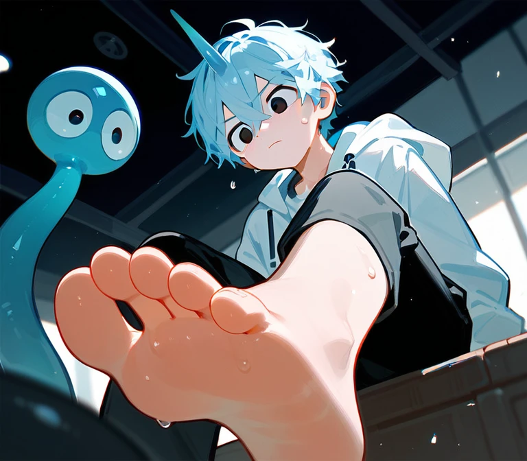 wallpaper,A cute boy sitting on his belly showing his feet,Scared expression,barefoot,这个男孩有一头蓝色的短发和black eyes,There is a blue horn on the head,black eyes,White T-shirt,Black jacket and black pants,best quality, Very detailed, masterpiece, Extremely detailed, illustration,Foot Focus,Sweating on the soles of the feet,Detailed background,Detailed toes ,Tentacles