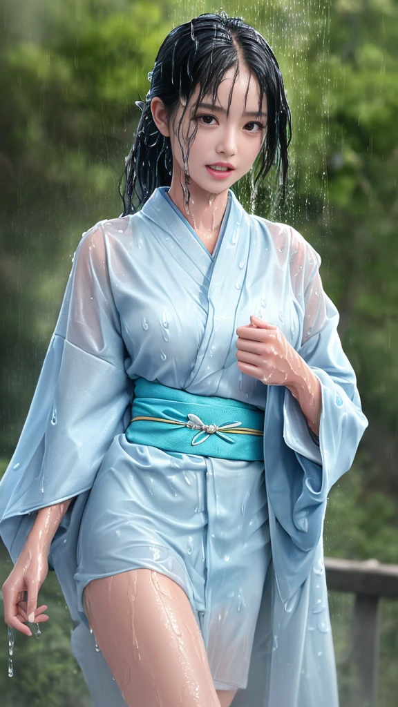 最high quality、high quality、Best image quality、、最High resolution、High resolution、最high quality、masterpiece、RAW Photos、whole body photos、Detailed and realistic human body、Detailed and realistic skin、Realistic face in every detail、Detailed and realistic eyes、Detailed and realistic lips、Detailed and realistic teeth、Detailed and realistic ears、Detailed and realistic hair、Realistic reproduction of every detail、((Beautiful Hands(thumb1、reference4))、Realistic feet down to the last detail、((Beautiful Japanese Girl))、(Japanese Model)、 Beautiful girl of years old))、(Black Hair)、(Random Hairstyles)、((whole body))、((Slim and perfect figure))、(Flat Chest、Small breasts)、(whole body glossy skin、Fair skin)、Mini length kimono、Hakama with slits、Japanese tradition、Japanese garden、Rain clouds spreading across the sky、Heavy rain weather、Pouring rain、Wind and rain storm、((Colorful floral pattern(See-through kimono dress))、((Pouring rainの中でリラックス(Poses to make your thighs look beautiful))、((Soaked skin from head to toe))、((Rain-soaked clothes(Rain dripping from clothes))、((The lines of her body are clearly visible through her wet kimono.))