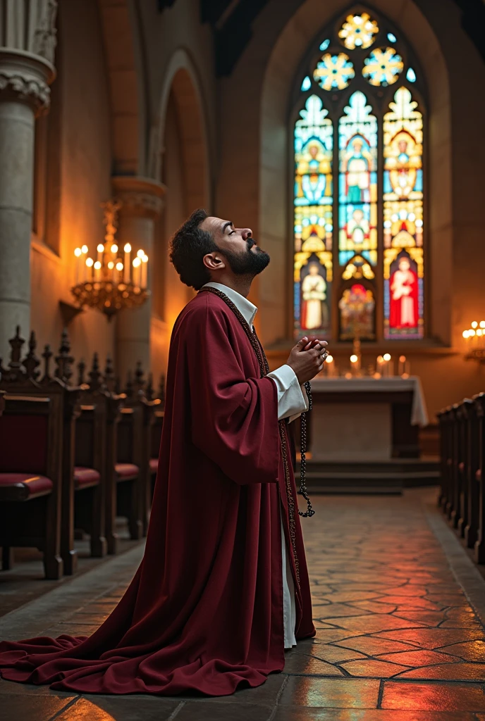 Saint Anthony in an old stone church, decorated with colored stained glass windows that project colored lights onto the floor. He's kneeling in prayer, with a rosary in his hands and an expression of deep devotion. The environment is filled with candles and sacred images in the background..