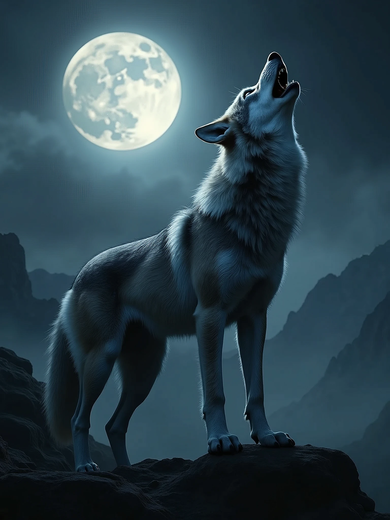 a photo of a wolf with gray fur howling and silver eyes/ at midnight/ a full moon behind him making the sky glow