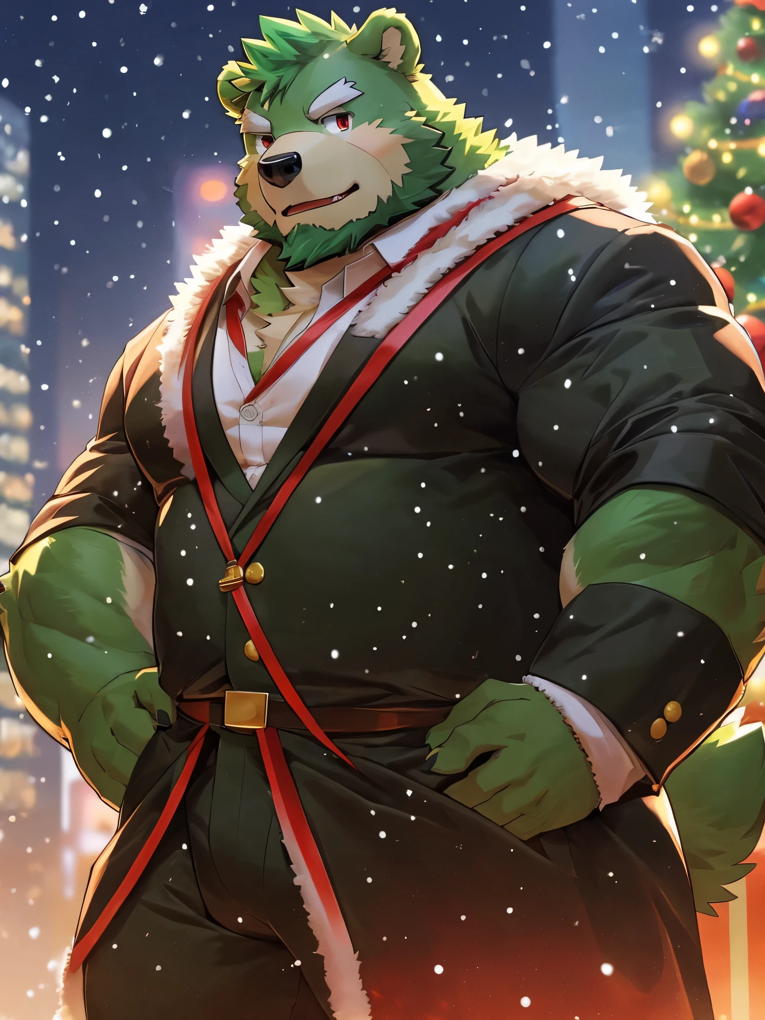 anthro, kemono, male, solo, (((green bear))), (((green fur))), green hair, red eyes, beard, white eyebrows, cinematic lighting, Snowing city modern high-rise buildings muscular people in suits gorgeous（Detailed）Christmas tree Christmas Eve