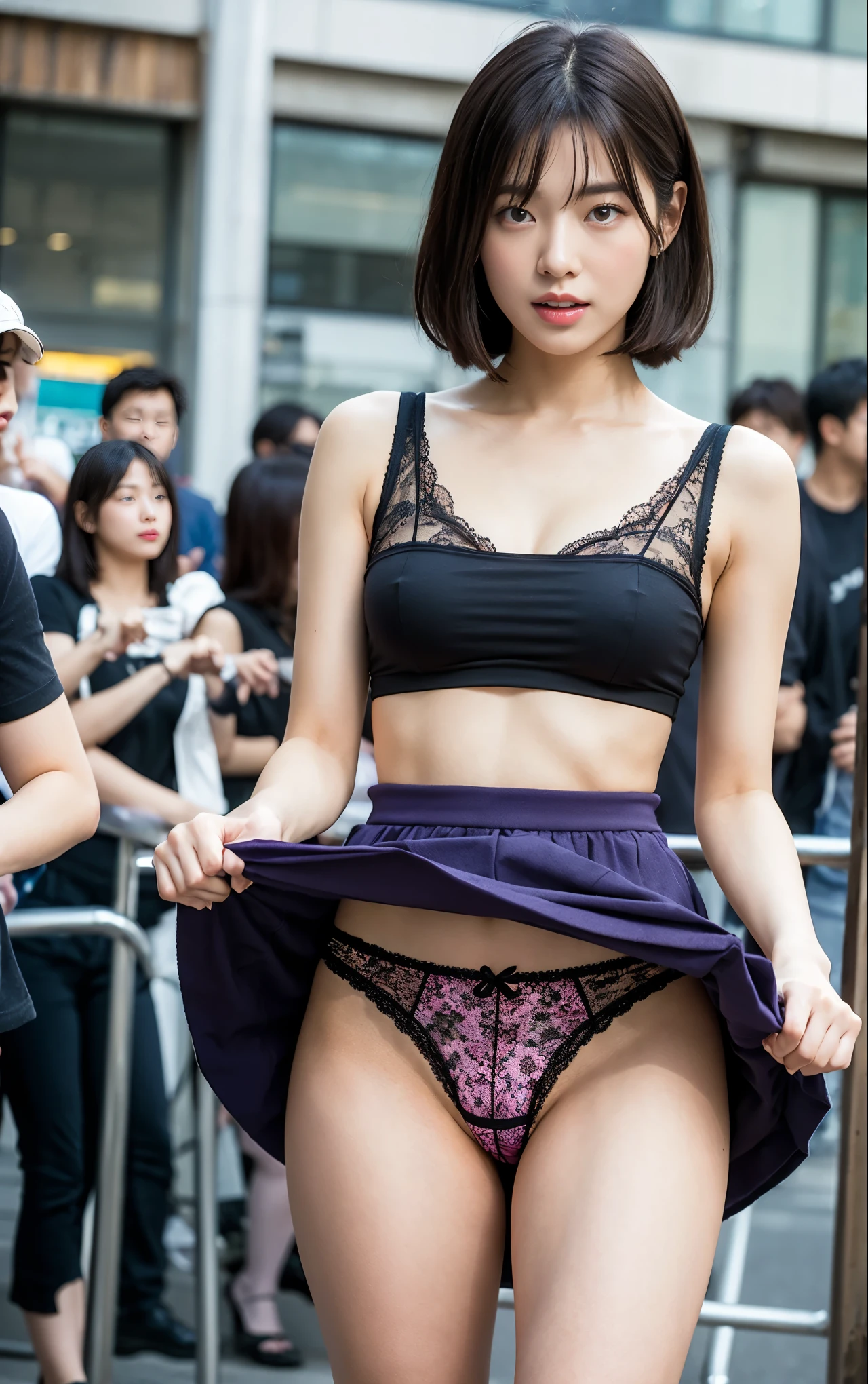 very detailed CG Unity 8K 배경화면、top quality、very detailed、masterpiece、realistic、Realizing high definition cute girls、20 years old、((Self lifting skirt)))、(I lifted it by myself)、Put on panties、Put on pantiesフォーカス、red blush、chapped lips、Looking at the viewers、half body shot、(Large crowds)、(crowded city)、Short hair、黒いPut on panties、Purple underwear、purple panties