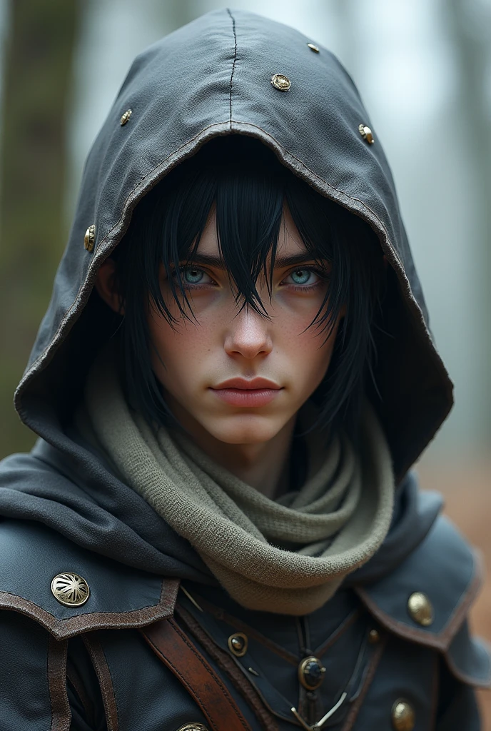 Low elf male with alabaster skin, blue eyes, black hair, the face is unremarkable and covered with a scarf, and part of the head and ears are covered by a hood, dressed in light leather armor.